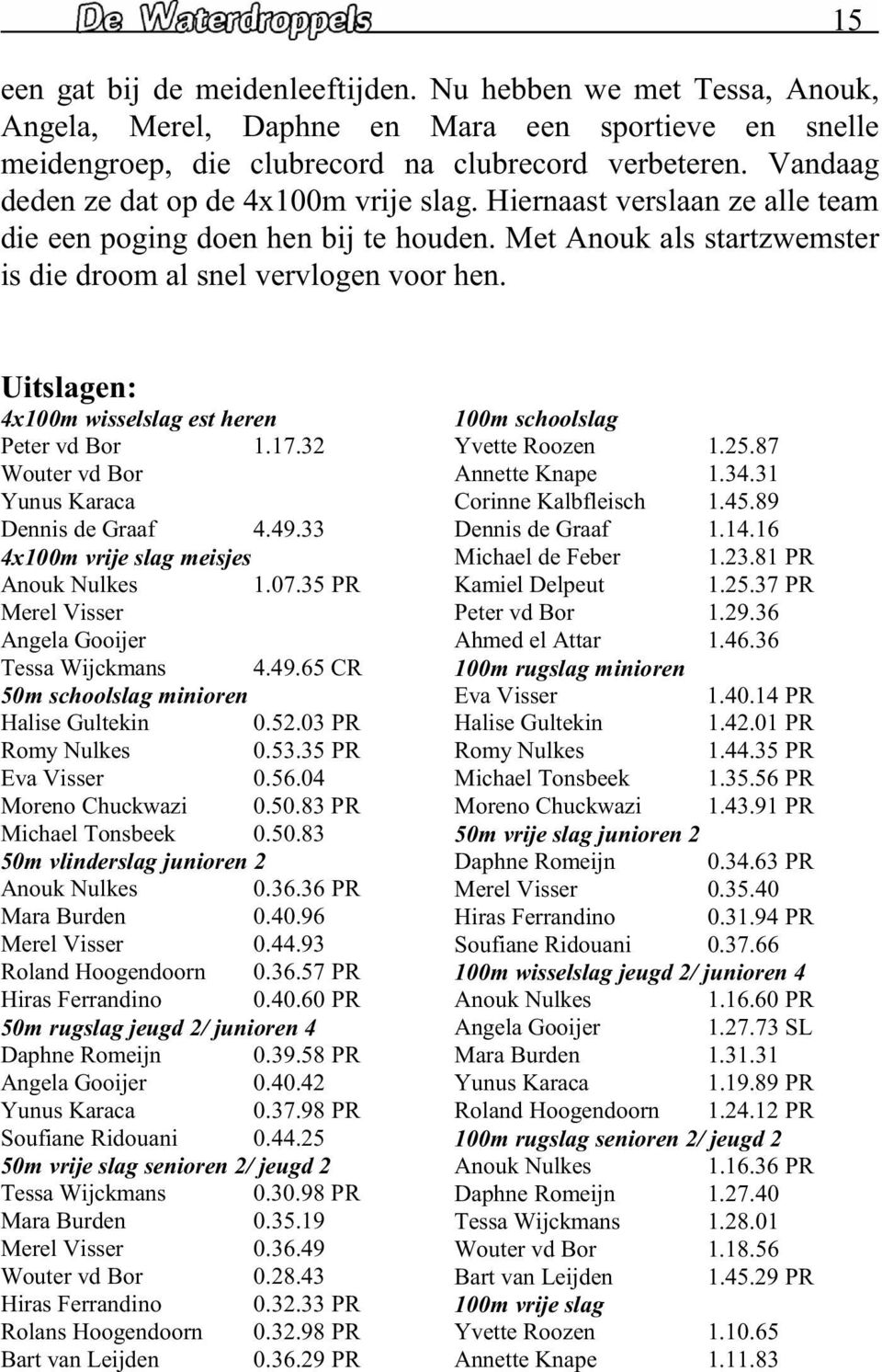 15 Uitslagen: 4x100m wisselslag est heren Peter vd Bor 1.17.32 Wouter vd Bor Yunus Karaca Dennis de Graaf 4.49.33 4x100m vrije slag meisjes Anouk Nulkes 1.07.