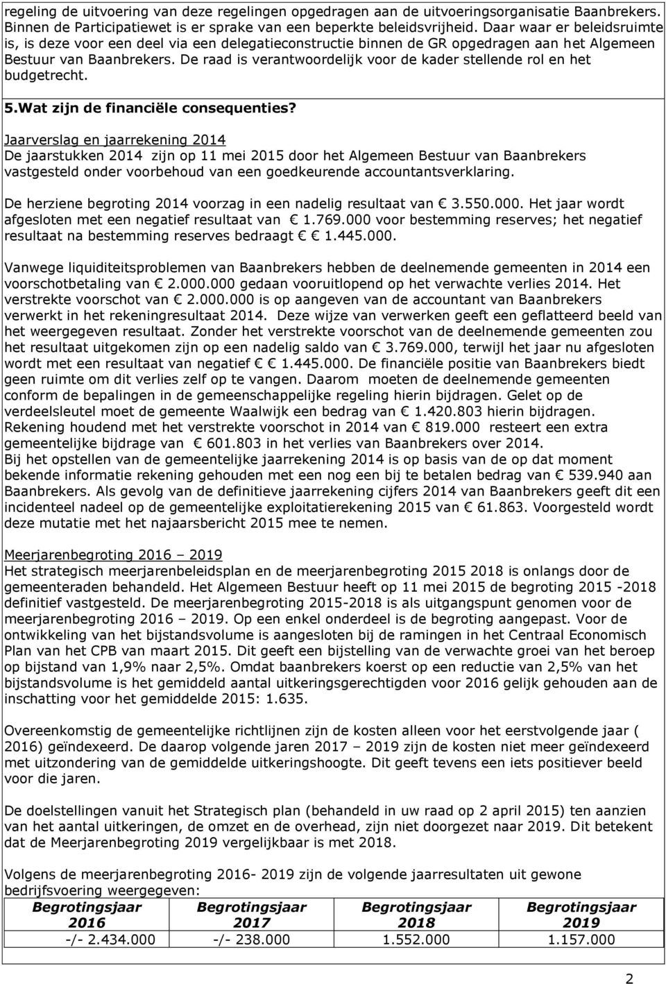 De raad is verantwoordelijk voor de kader stellende rol en het budgetrecht. 5.Wat zijn de financiële consequenties?