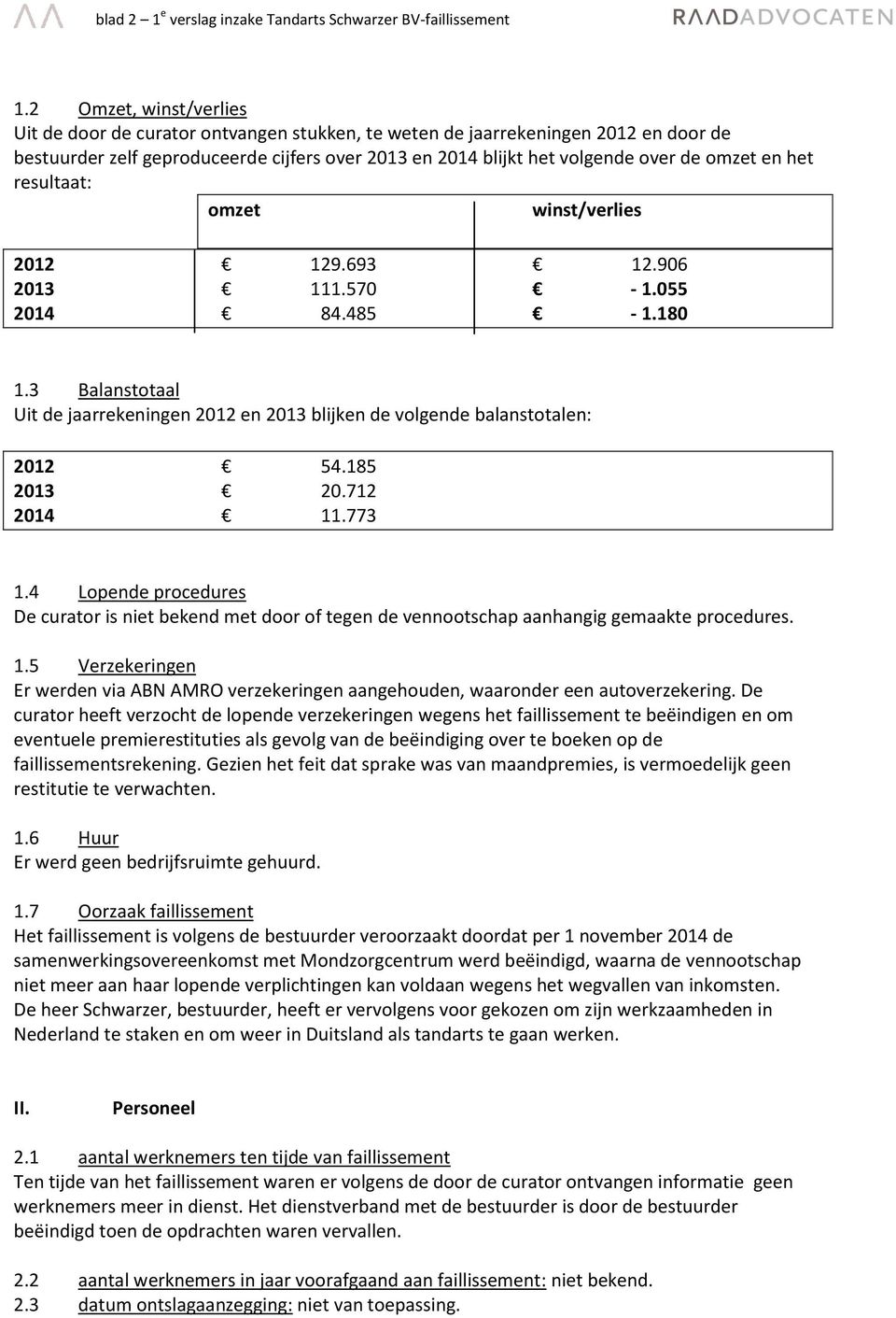 en het resultaat: omzet winst/verlies 2012 129.693 12.906 2013 111.570-1.055 2014 84.485-1.180 1.3 Balanstotaal Uit de jaarrekeningen 2012 en 2013 blijken de volgende balanstotalen: 2012 54.