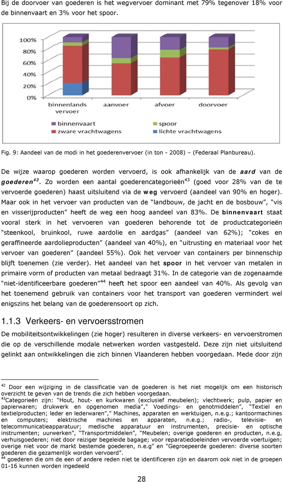 Zo worden een aantal goederencategorieën 43 (goed voor 28% van de te vervoerde goederen) haast uitsluitend via de weg vervoerd (aandeel van 90% en hoger).