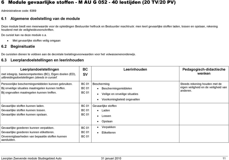 rekening houdend met de veiligheidsvoorschriften. De cursist kan na deze module o.a. Met gevaarlijke stoffen veilig omgaan 6.