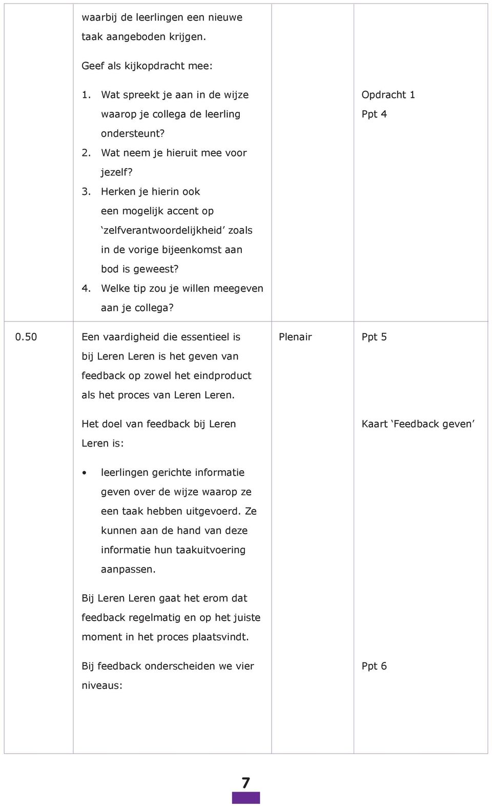 Welke tip zou je willen meegeven aan je collega? 0.50 Een vaardigheid die essentieel is Plenair Ppt 5 bij Leren Leren is het geven van feedback op zowel het eindproduct als het proces van Leren Leren.