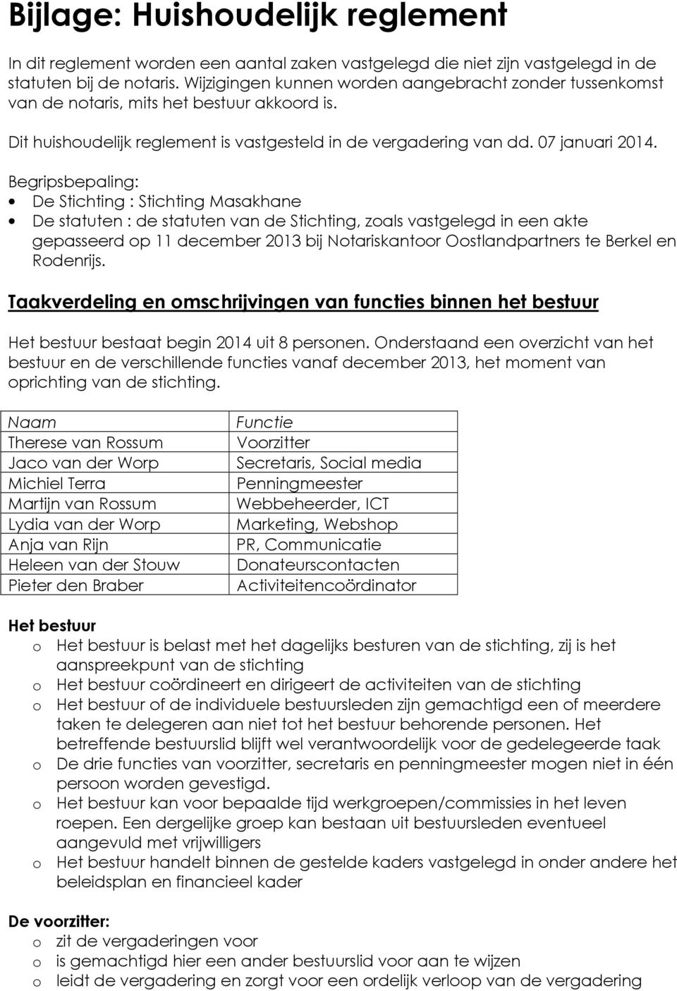 Begripsbepaling: De Stichting : Stichting Masakhane De statuten : de statuten van de Stichting, zoals vastgelegd in een akte gepasseerd op 11 december 2013 bij Notariskantoor Oostlandpartners te