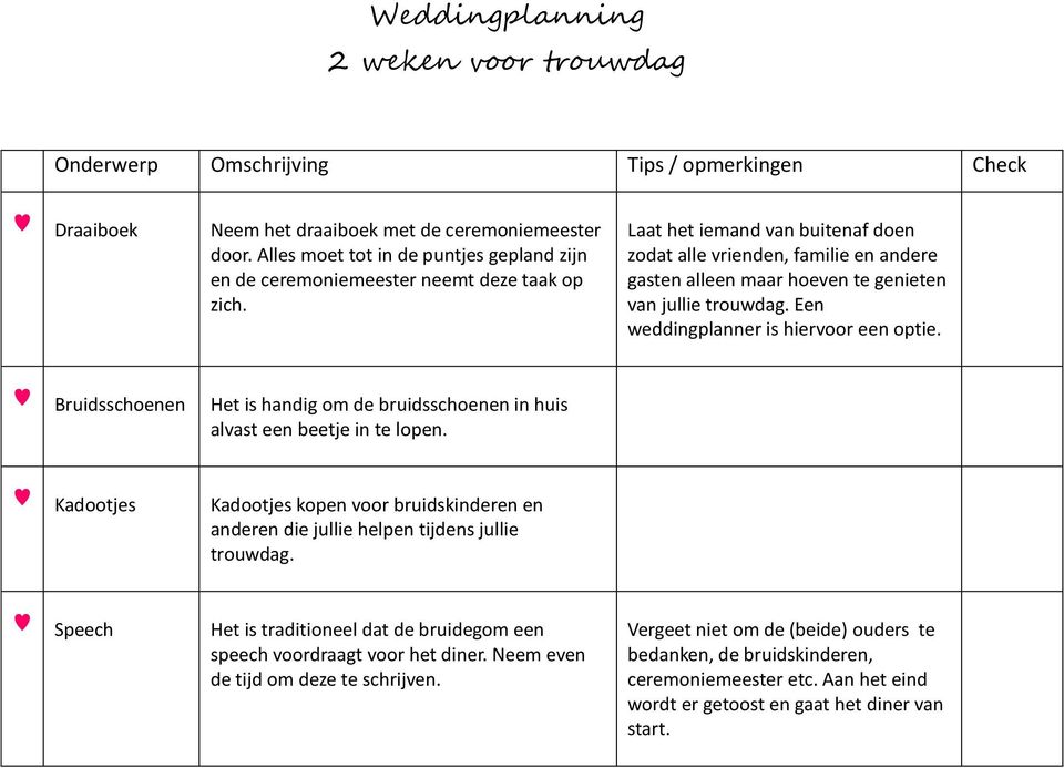 Laat het iemand van buitenaf doen zodat alle vrienden, familie en andere gasten alleen maar hoeven te genieten van jullie trouwdag. Een weddingplanner is hiervoor een optie.