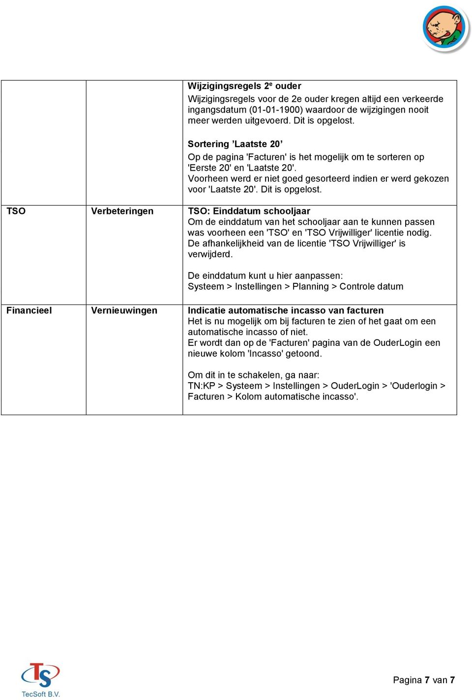 Dit is opgelost. TSO Verbeteringen TSO: Einddatum schooljaar Om de einddatum van het schooljaar aan te kunnen passen was voorheen een 'TSO' en 'TSO Vrijwilliger' licentie nodig.