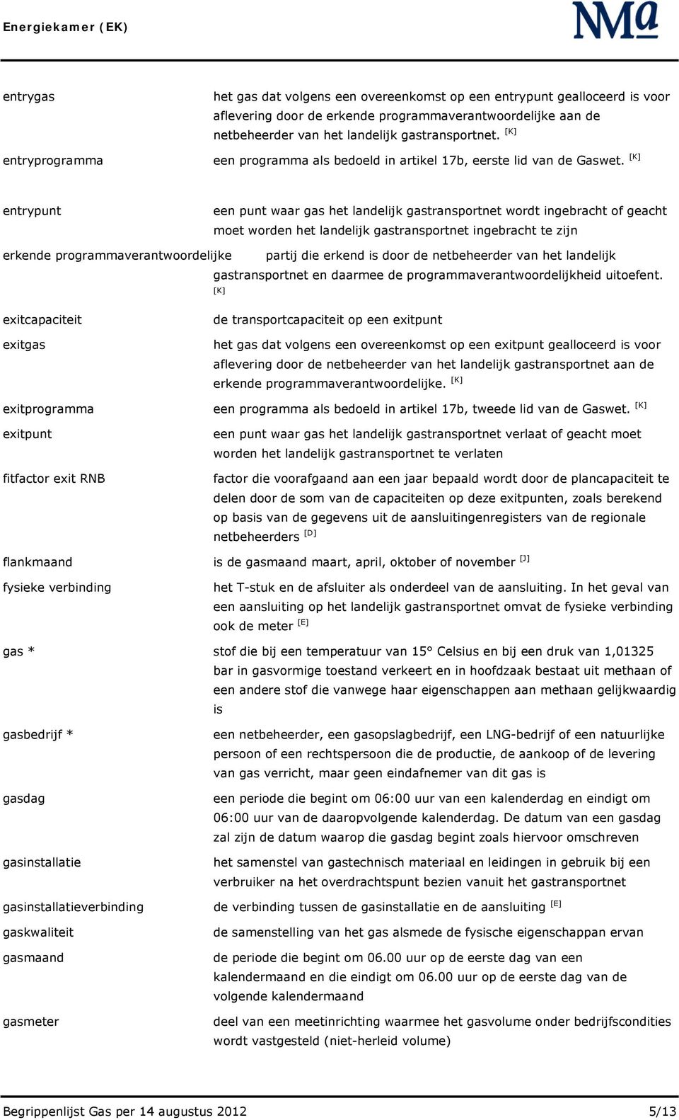 [K] entrypunt een punt waar gas het landelijk gastransportnet wordt ingebracht of geacht moet worden het landelijk gastransportnet ingebracht te zijn erkende programmaverantwoordelijke partij die