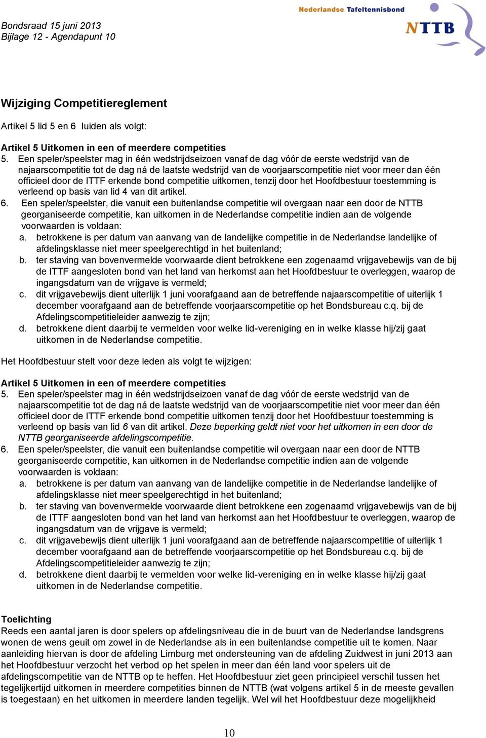 officieel door de ITTF erkende bond competitie uitkomen, tenzij door het Hoofdbestuur toestemming is verleend op basis van lid 4 van dit artikel. 6.