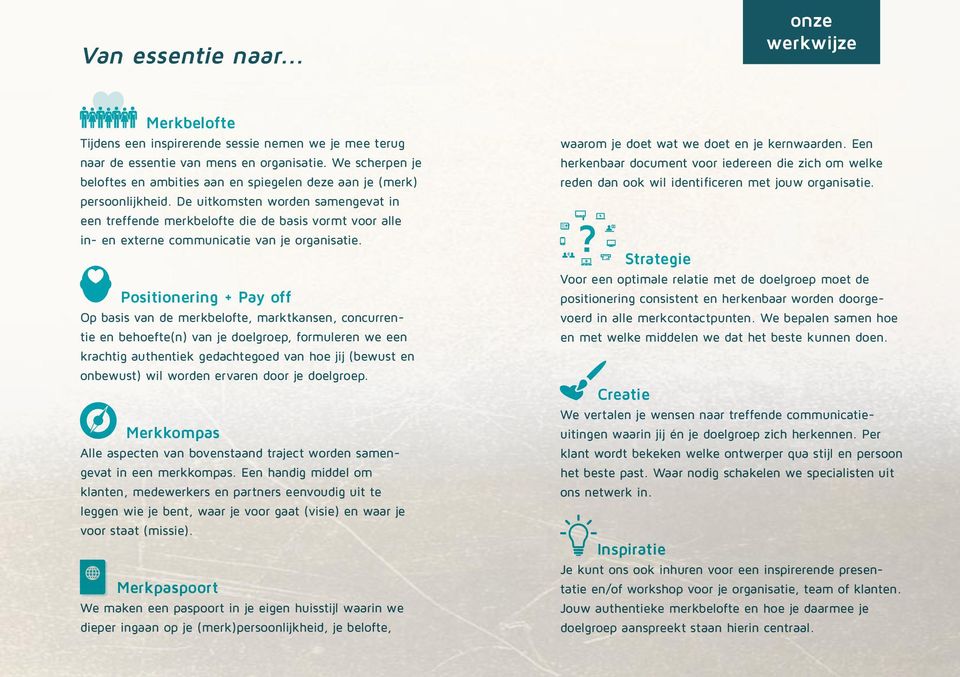 De uitkomsten worden samengevat in een treffende merkbelofte die de basis vormt voor alle in- en externe communicatie van je organisatie.