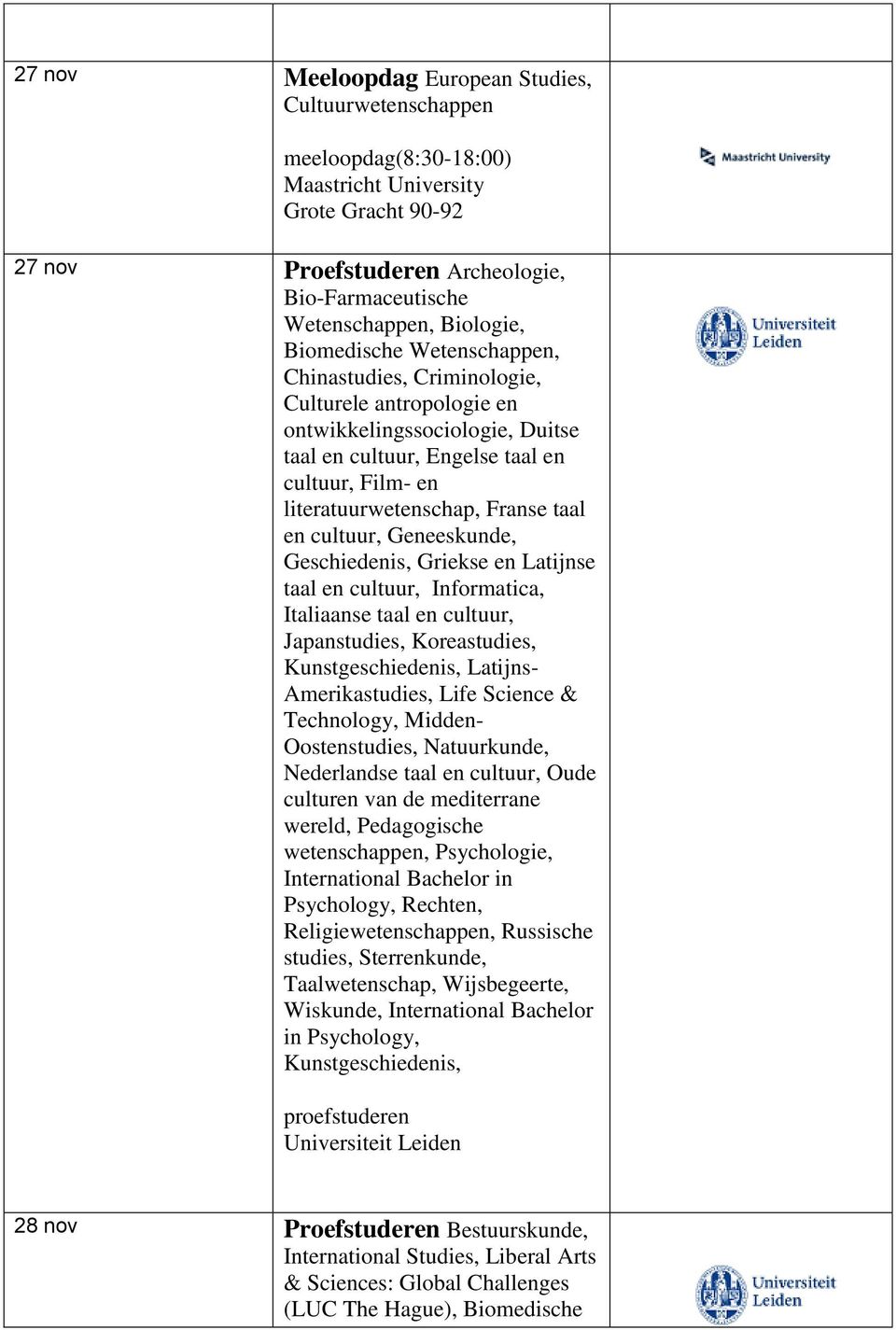 Geneeskunde, Geschiedenis, Griekse en Latijnse taal en cultuur, Informatica, Italiaanse taal en cultuur, Japanstudies, Koreastudies, Kunstgeschiedenis, Latijns- Amerikastudies, Life Science &