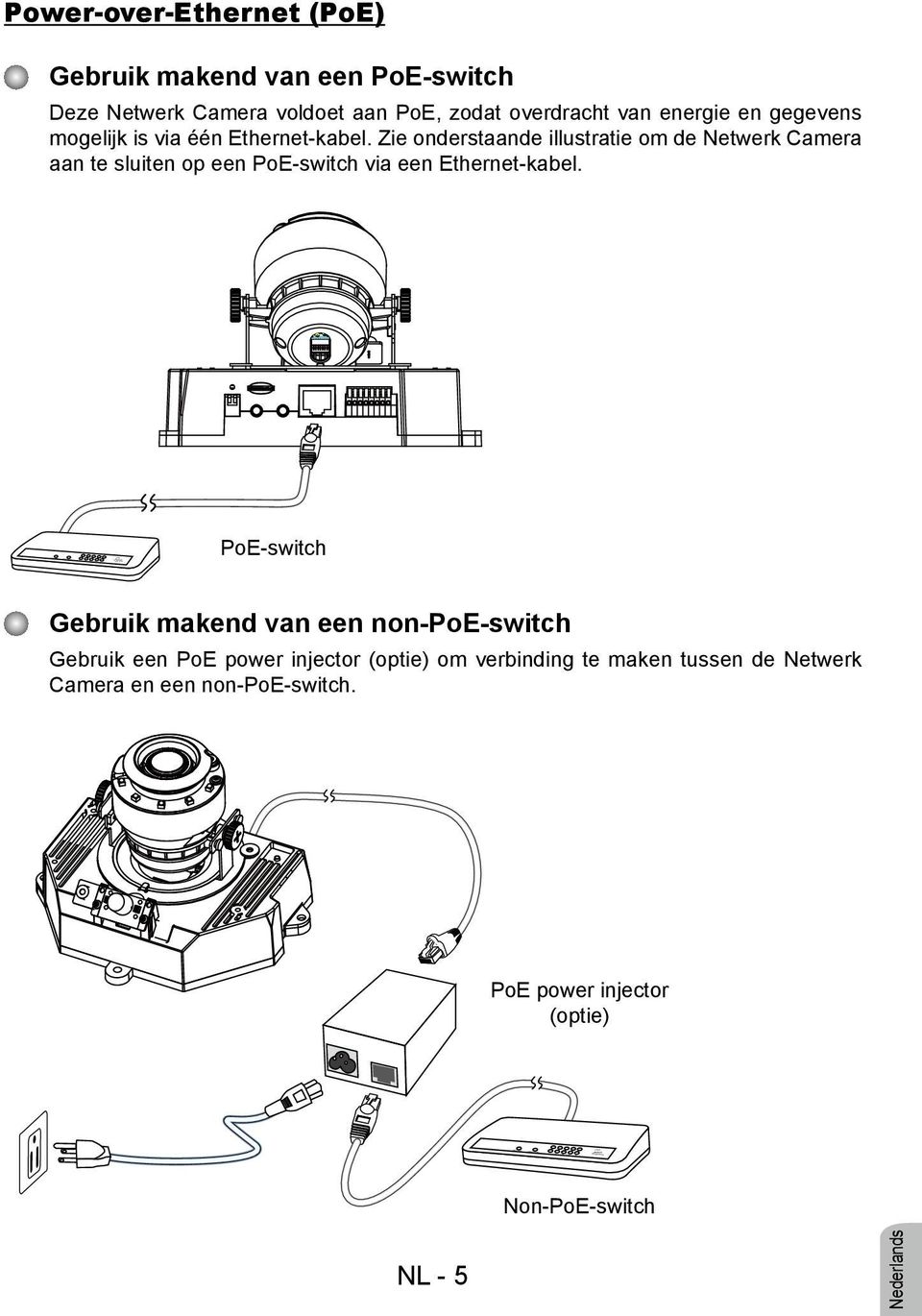 Zie onderstaande illustratie om de Netwerk Camera aan te sluiten op een PoE-switch via een Ethernet-kabel.