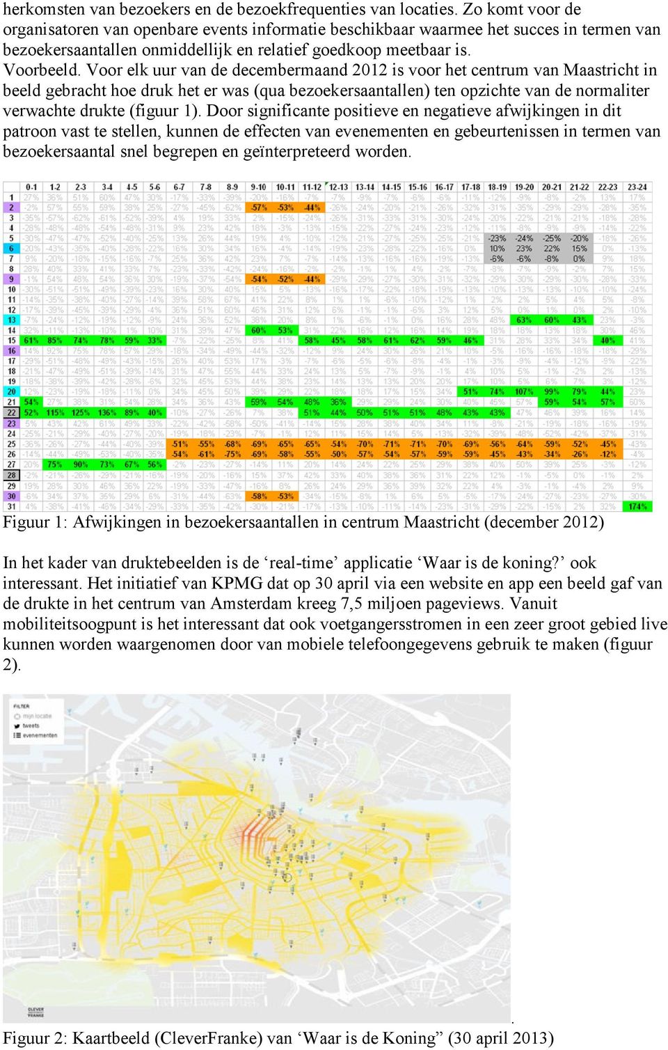 Voor elk uur van de decembermaand 2012 is voor het centrum van Maastricht in beeld gebracht hoe druk het er was (qua bezoekersaantallen) ten opzichte van de normaliter verwachte drukte (figuur 1).
