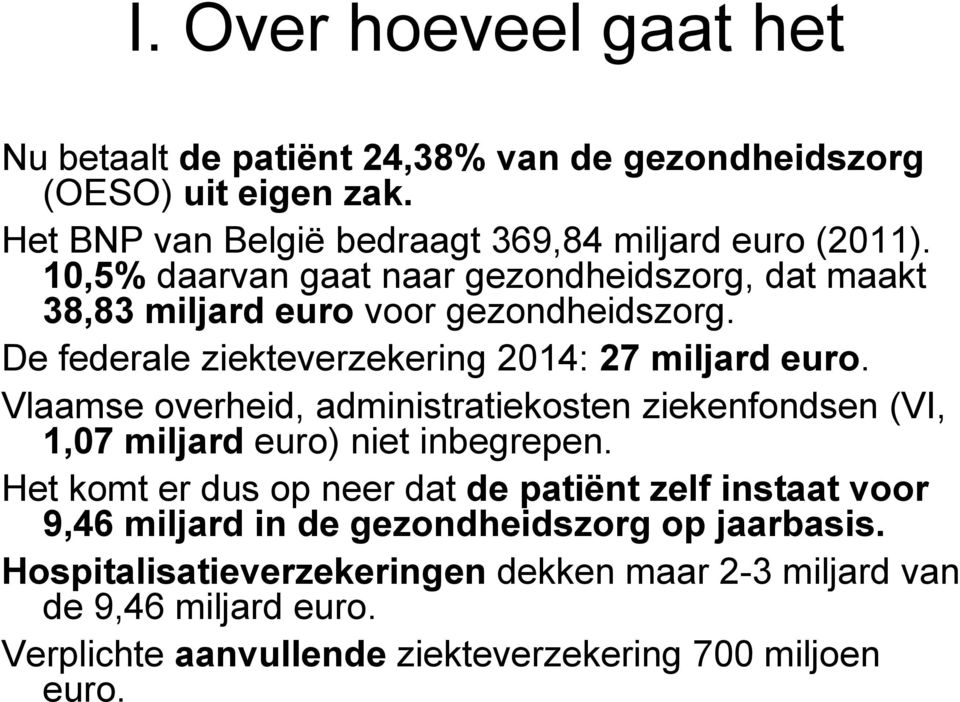 Vlaamse overheid, administratiekosten ziekenfondsen (VI, 1,07 miljard euro) niet inbegrepen.