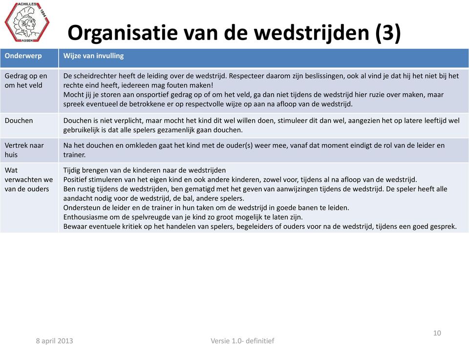 Mocht jij je storen aan onsportief gedrag op of om het veld, ga dan niet tijdens de wedstrijd hier ruzie over maken, maar spreek eventueel de betrokkene er op respectvolle wijze op aan na afloop van