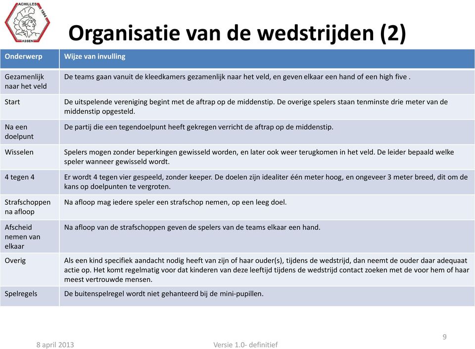 De partij die een tegendoelpunt heeft gekregen verricht de aftrap op de middenstip. Spelers mogen zonder beperkingen gewisseld worden, en later ook weer terugkomen in het veld.