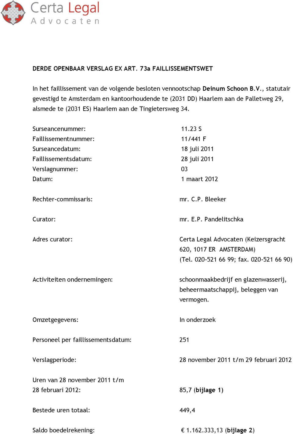 Bleeker Curator: mr. E.P. Pandelitschka Adres curator: Certa Legal Advocaten (Keizersgracht 620, 1017 ER AMSTERDAM) (Tel. 020-521 66 99; fax.