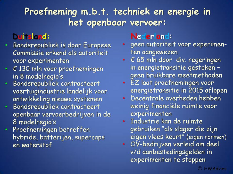 contracteert voertuigindustrie landelijk voor ontwikkeling nieuwe systemen Bondsrepubliek contracteert openbaar vervoerbedrijven in de 8 modelregio s Proefnemingen betreffen hybride, batterijen,