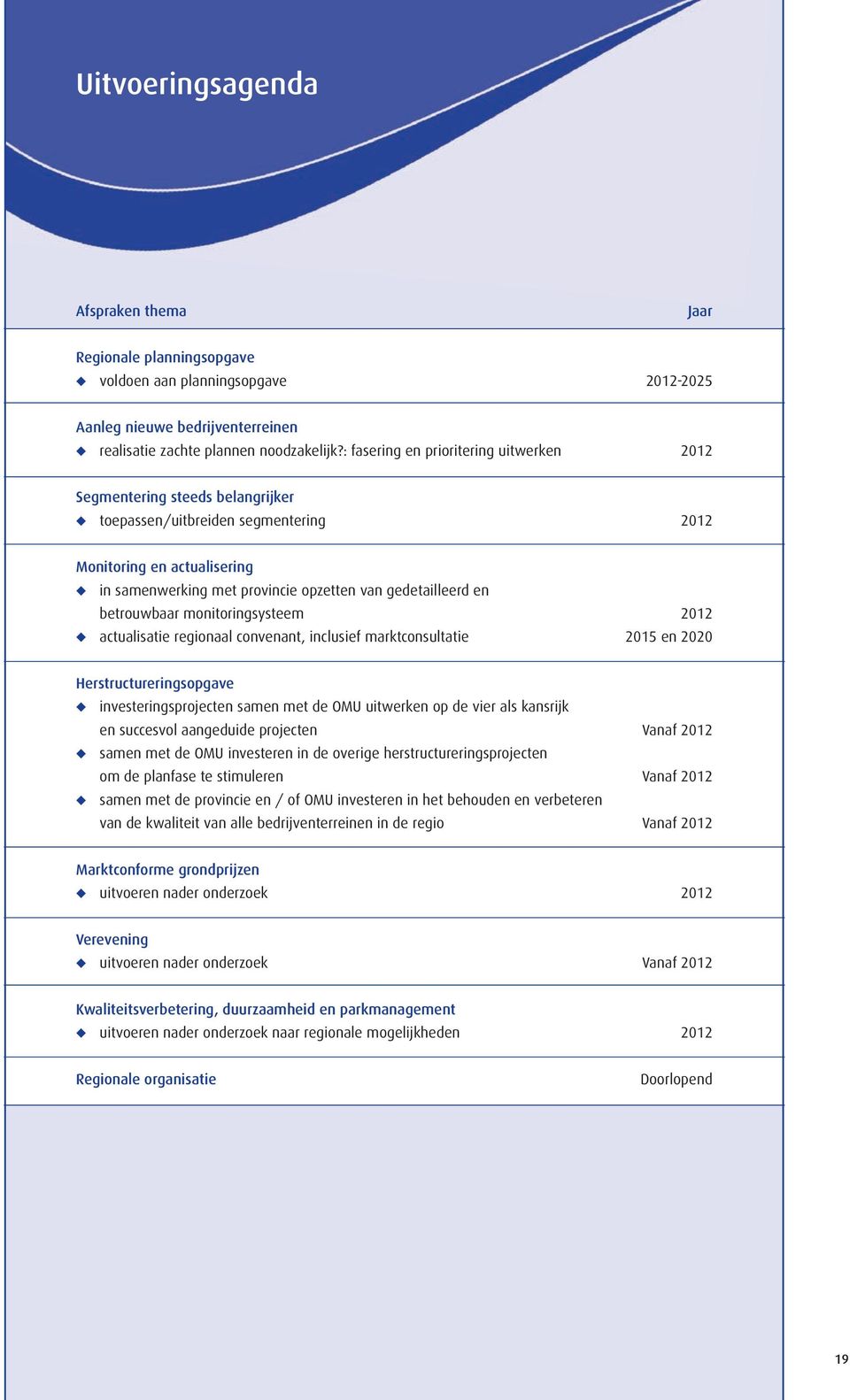 en betrouwbaar monitoringsysteem 2012 actualisatie regionaal convenant, inclusief marktconsultatie 2015 en 2020 Herstructureringsopgave investeringsprojecten samen met de OMU uitwerken op de vier als