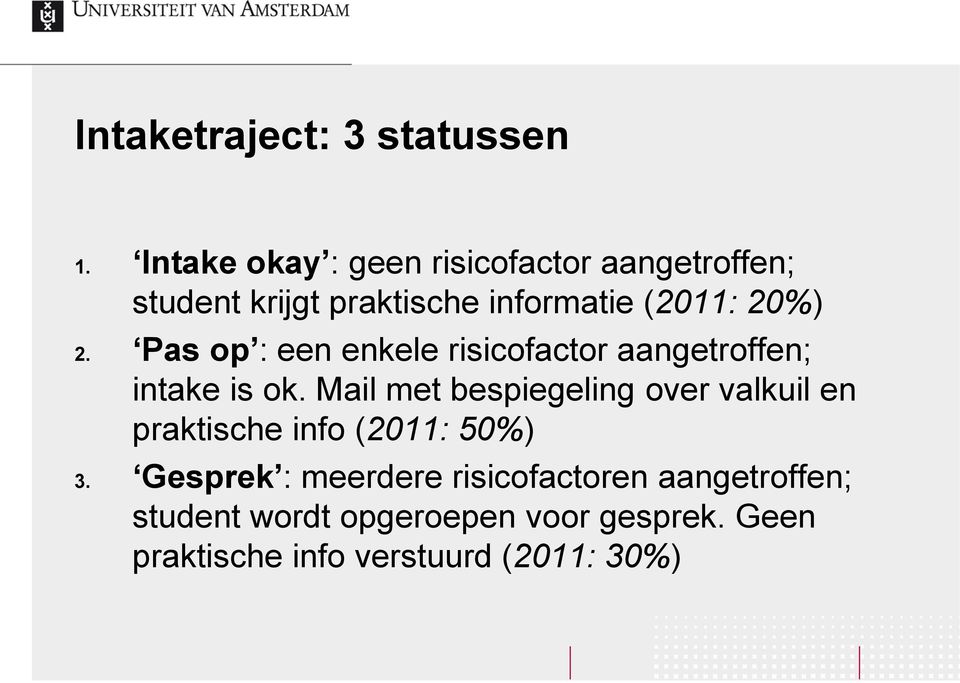 Pas op : een enkele risicofactor aangetroffen; intake is ok.