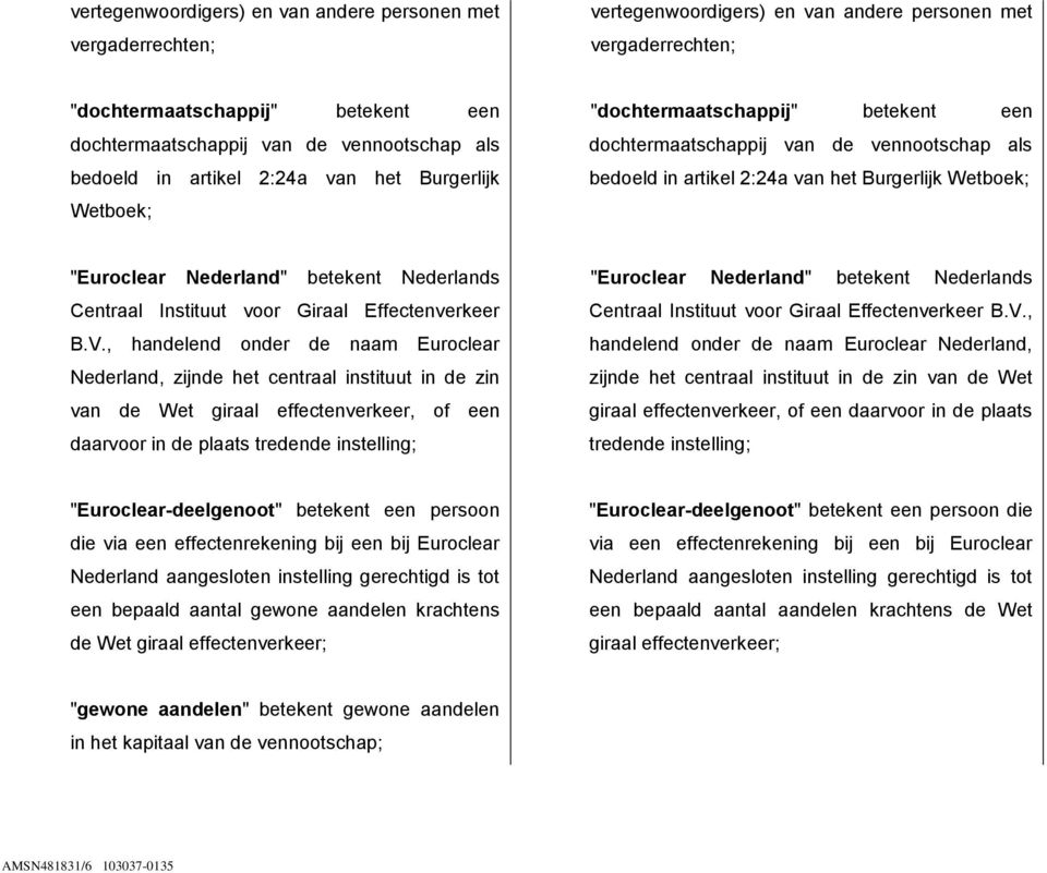 Wetboek; "Euroclear Nederland" betekent Nederlands Centraal Instituut voor Giraal Effectenverkeer B.V.