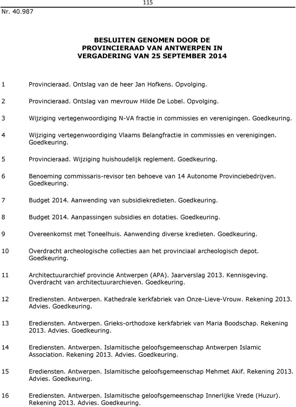 4 Wijziging vertegenwoordiging Vlaams Belangfractie in commissies en verenigingen. 5 Provincieraad. Wijziging huishoudelijk reglement.