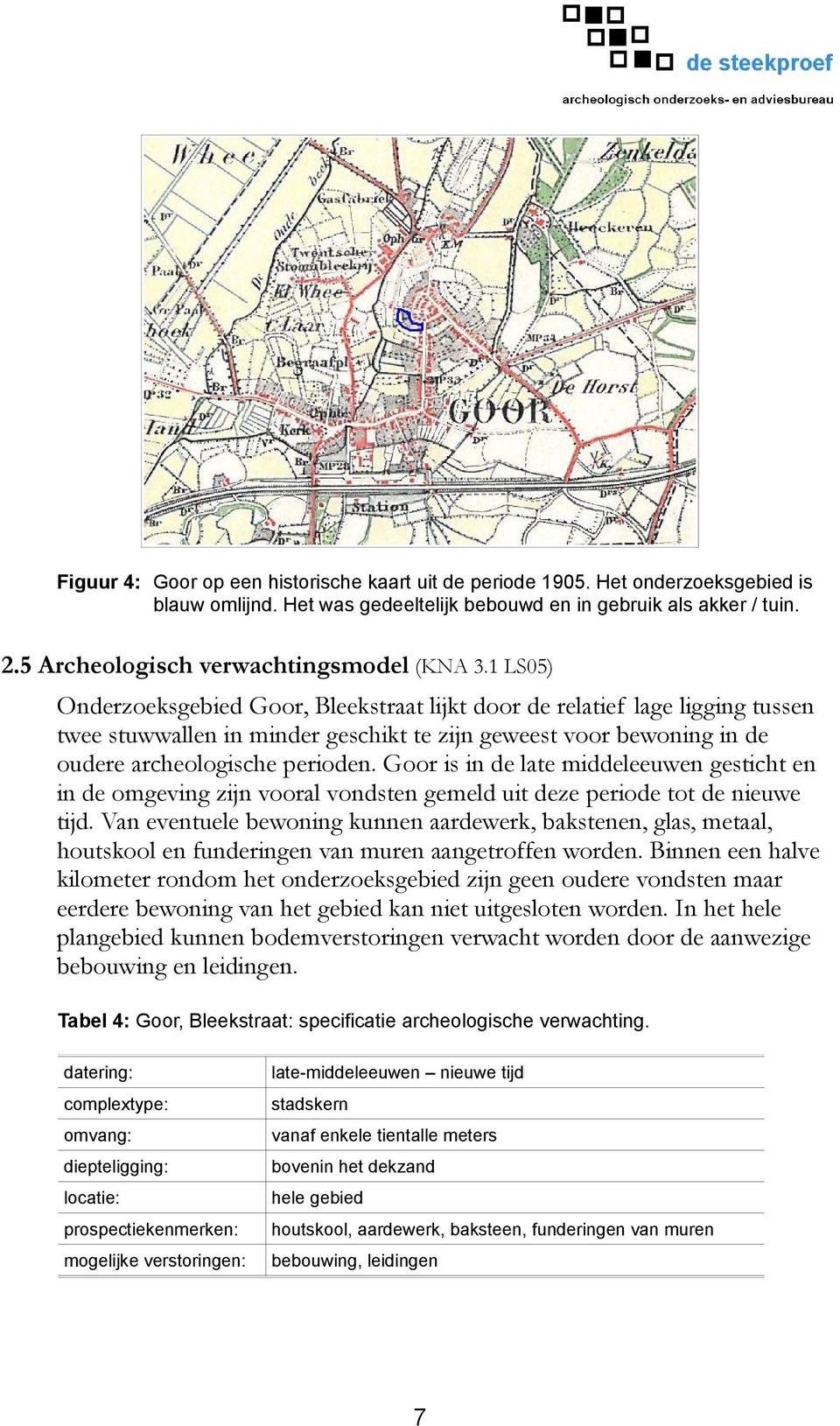 1 LS05) Onderzoeksgebied Goor, Bleekstraat lijkt door de relatief lage ligging tussen twee stuwwallen in minder geschikt te zijn geweest voor bewoning in de oudere archeologische perioden.