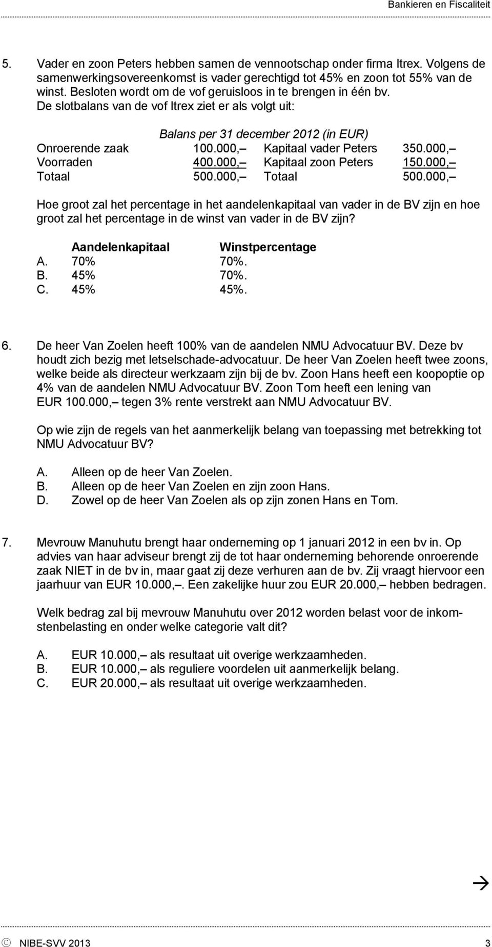 000, Kapitaal vader Peters 350.000, Voorraden 400.000, Kapitaal zoon Peters 150.000, Totaal 500.