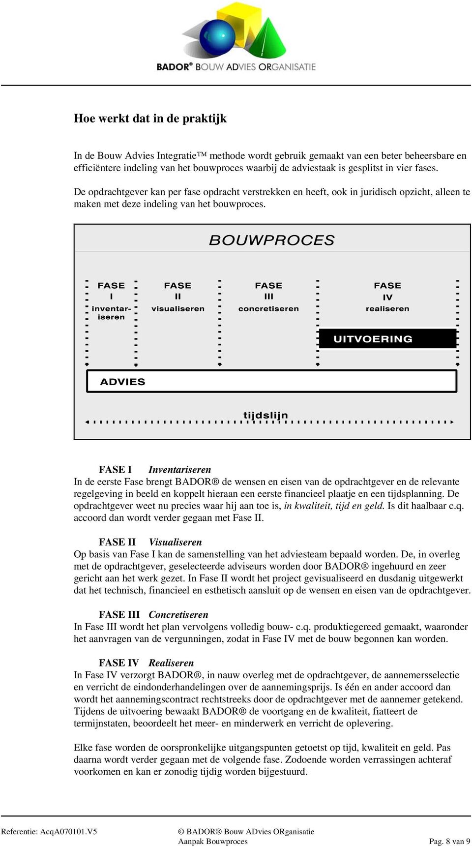 FASE I Inventariseren In de eerste Fase brengt BADOR de wensen en eisen van de opdrachtgever en de relevante regelgeving in beeld en koppelt hieraan een eerste financieel plaatje en een tijdsplanning.