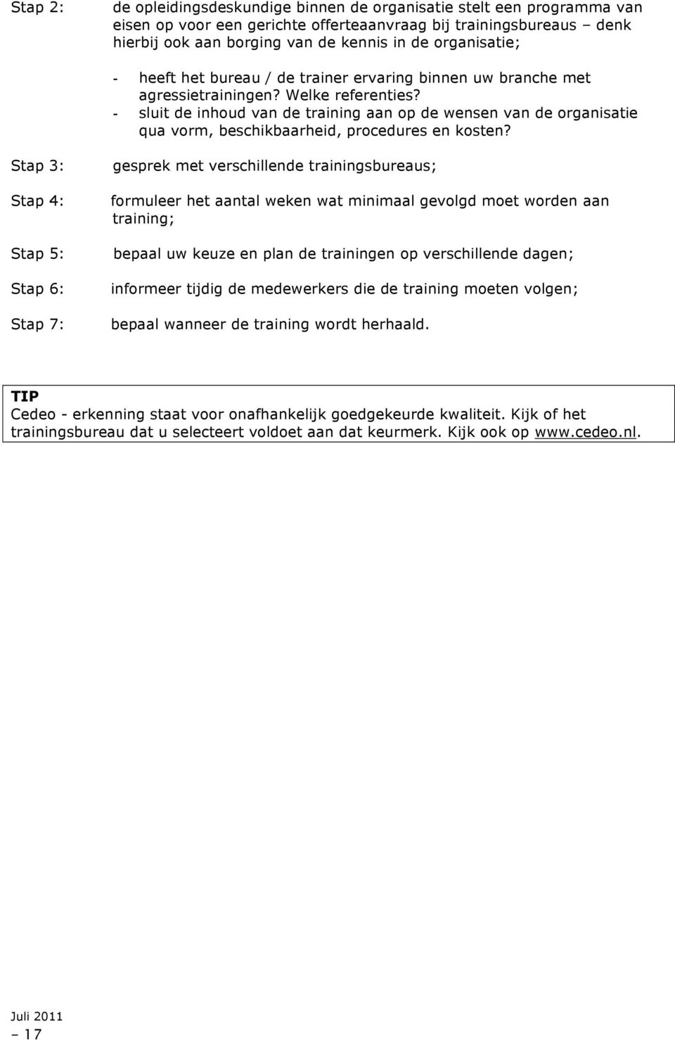 - sluit de inhoud van de training aan op de wensen van de organisatie qua vorm, beschikbaarheid, procedures en kosten?