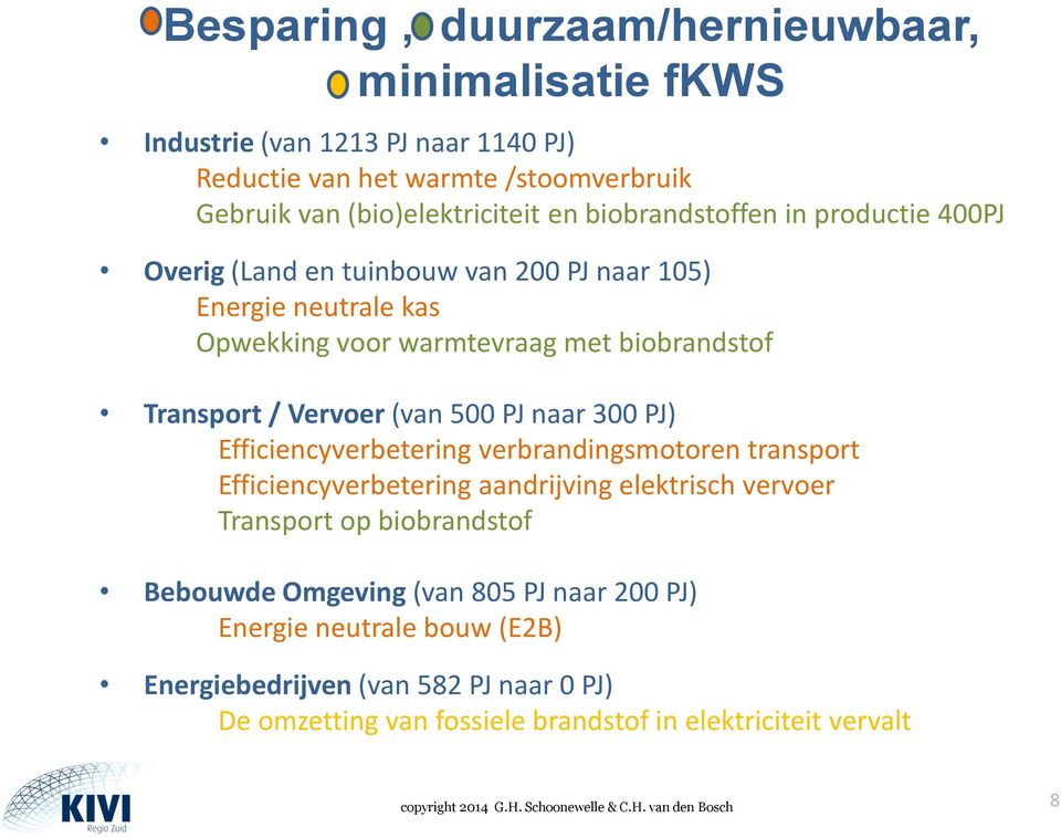 Vervoer (van 500 PJ naar 300 PJ) Efficiencyverbetering verbrandingsmotoren transport Efficiencyverbetering aandrijving elektrisch vervoer Transport op biobrandstof