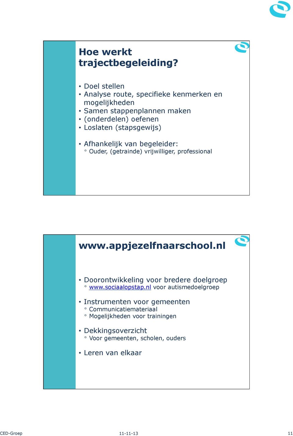 (stapsgewijs) Afhankelijk van begeleider: º Ouder, (getrainde) vrijwilliger, professional www.appjezelfnaarschool.