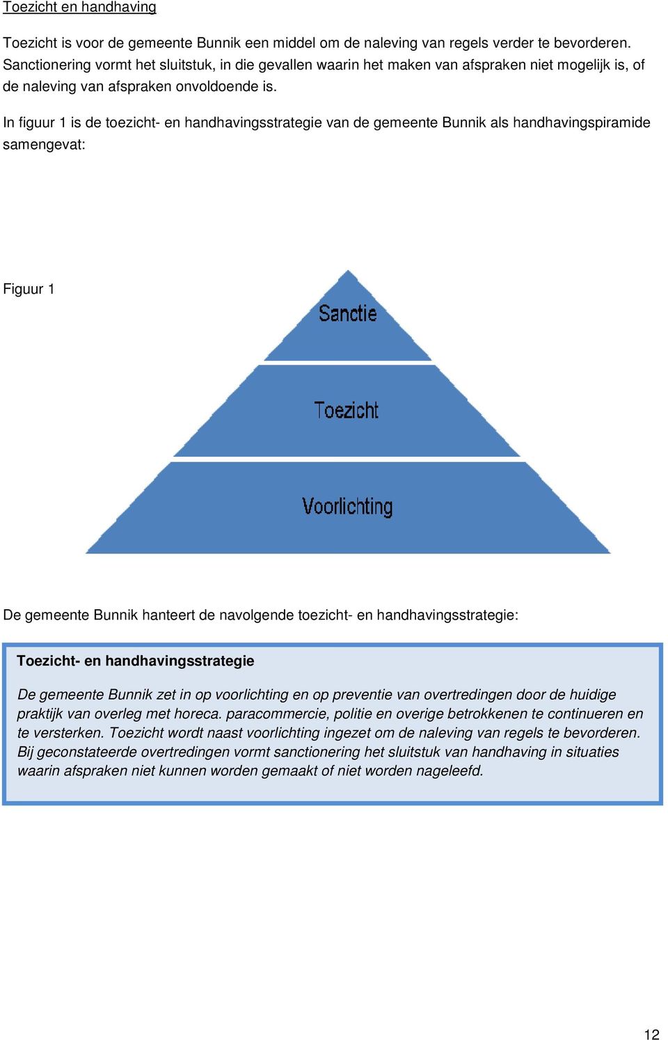 In figuur 1 is de toezicht- en handhavingsstrategie van de gemeente Bunnik als handhavingspiramide samengevat: Figuur 1 De gemeente Bunnik hanteert de navolgende toezicht- en handhavingsstrategie: