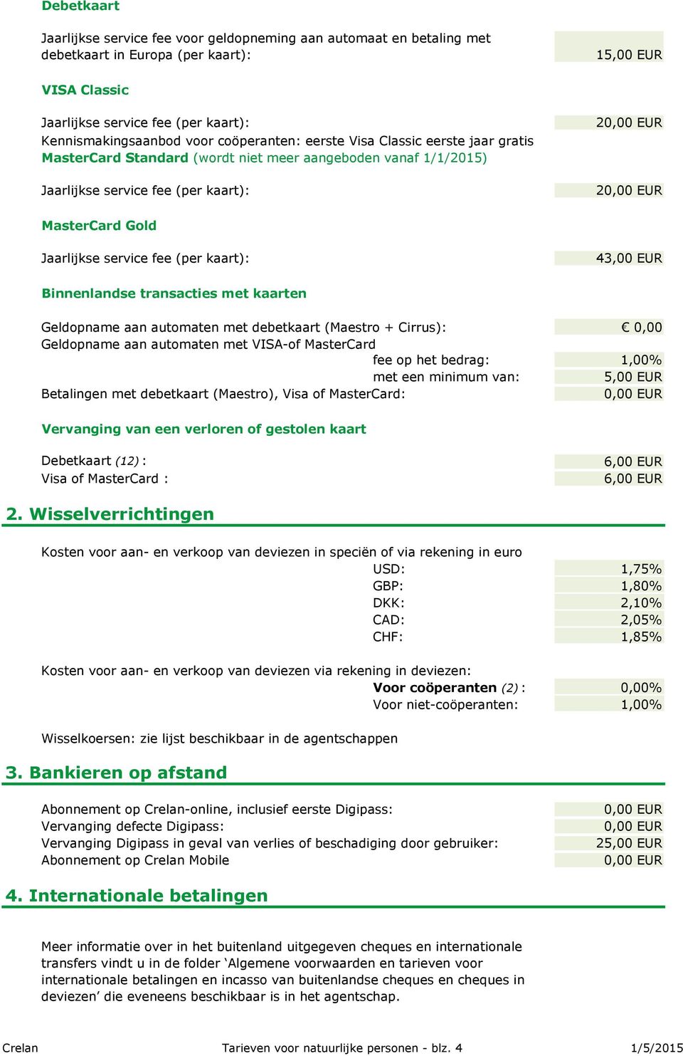 kaart): 43,00 EUR Binnenlandse transacties met kaarten Geldopname aan automaten met debetkaart (Maestro + Cirrus): 0,00 Geldopname aan automaten met VISA-of MasterCard fee op het bedrag: 1,00% met