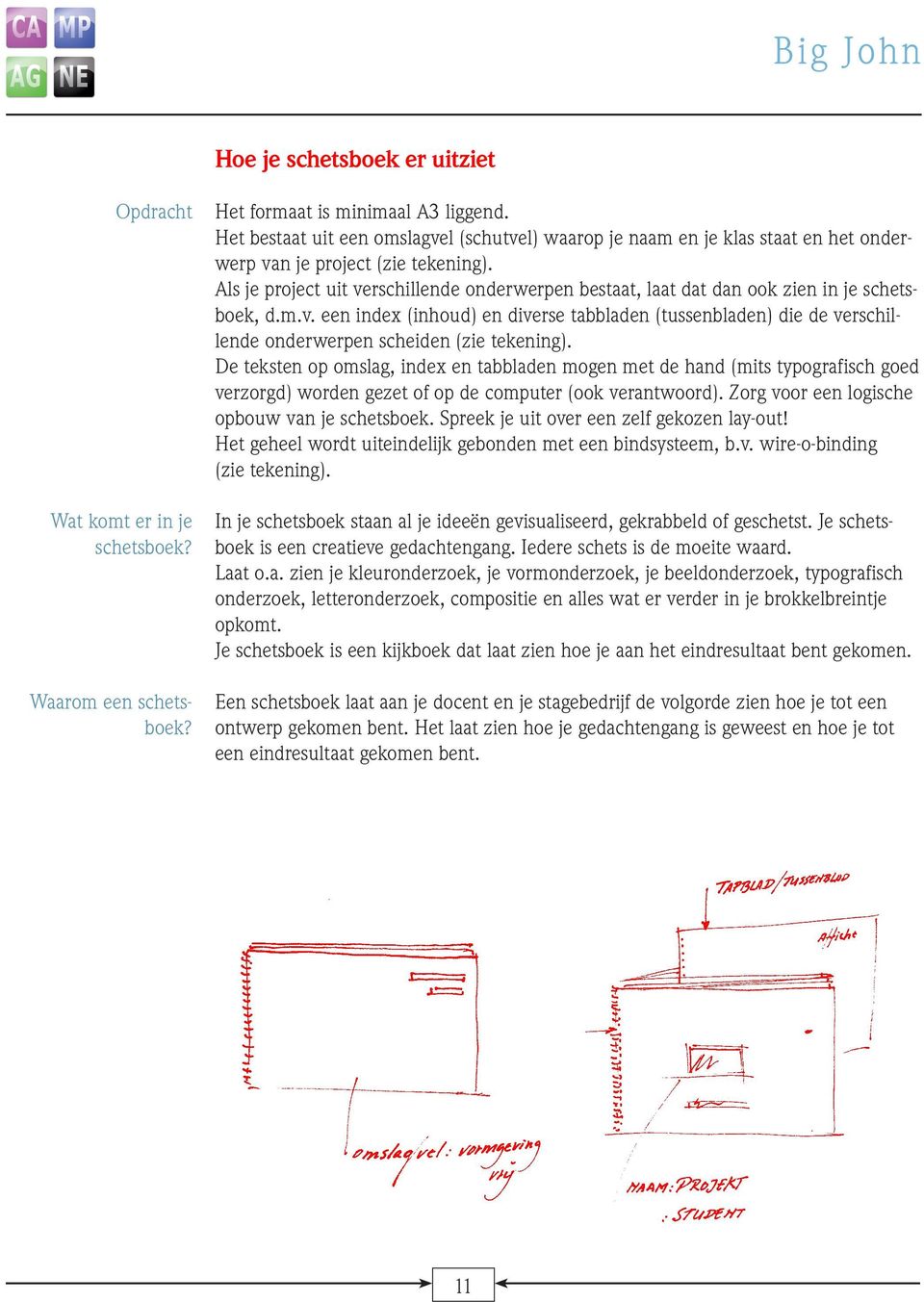 Als je project uit verschillende onderwerpen bestaat, laat dat dan ook zien in je schetsboek, d.m.v. een index (inhoud) en diverse tabbladen (tussenbladen) die de verschillende onderwerpen scheiden (zie tekening).