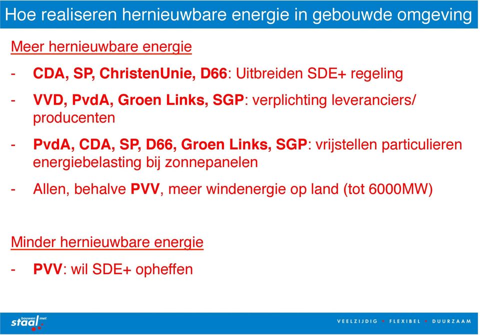 producenten" - PvdA, CDA, SP, D66, Groen Links, SGP: vrijstellen particulieren energiebelasting bij