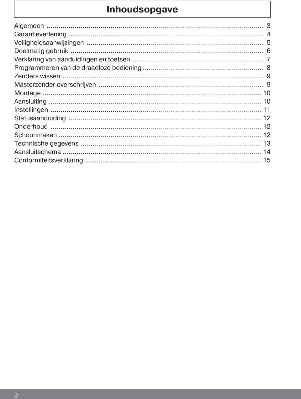 .. 9 Masterzender overschrijven... 9 Montage... 10 Aansluiting... 10 Instellingen... 11 Statusaanduiding.