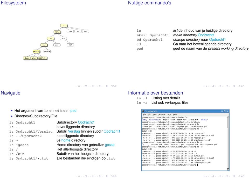 Navigatie Informatie over bestanden ls -l ls -a Listing met details List ook verborgen files Het argument van ls en cd is een pad Directory/Subdirectory/File ls Opdracht1 Subdirectory