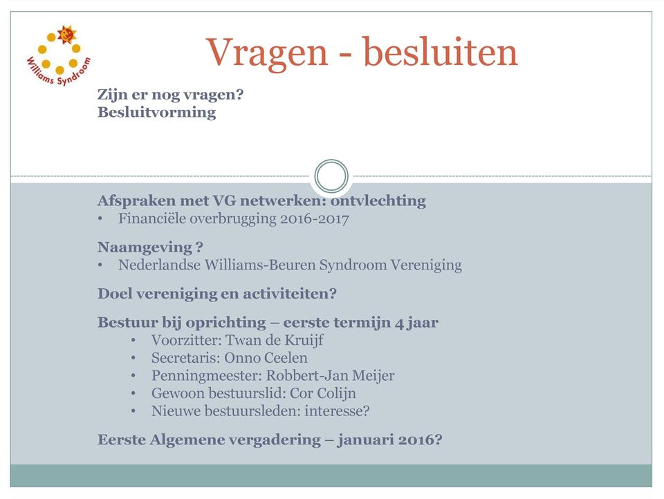 Naamgeving? Nederlandse Williams-Beuren Syndroom Vereniging Doel vereniging en activiteiten?