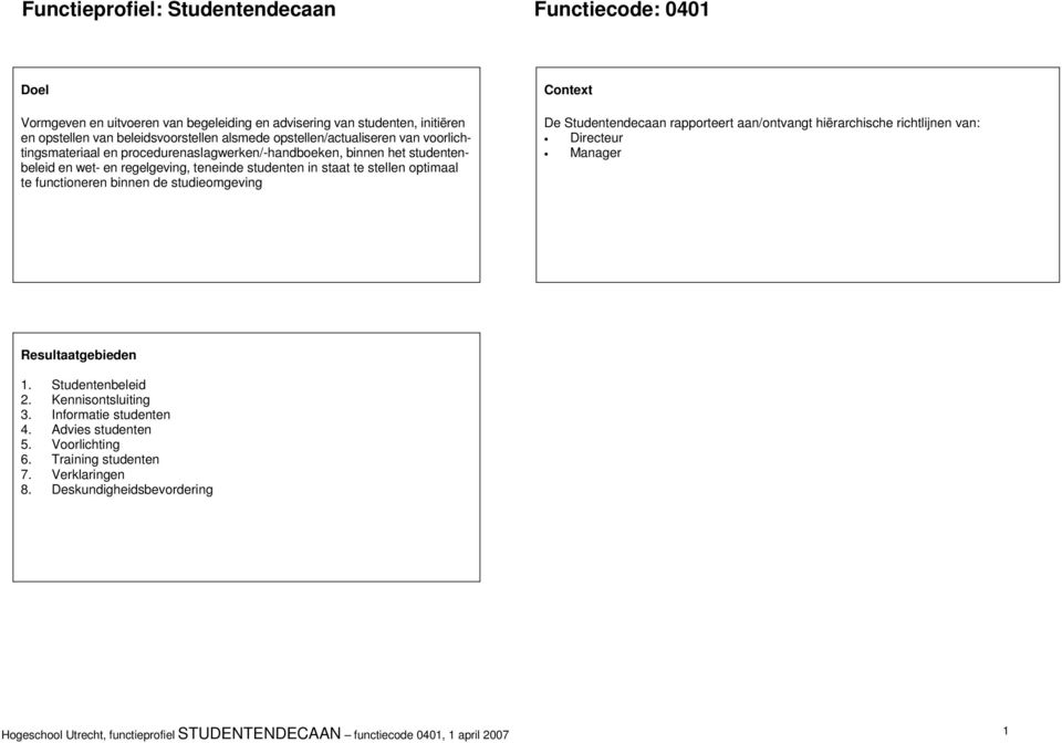 functioneren binnen de studieomgeving Context De Studentendecaan rapporteert aan/ontvangt hiërarchische richtlijnen van: Directeur Manager Resultaatgebieden 1. Studentenbeleid 2.