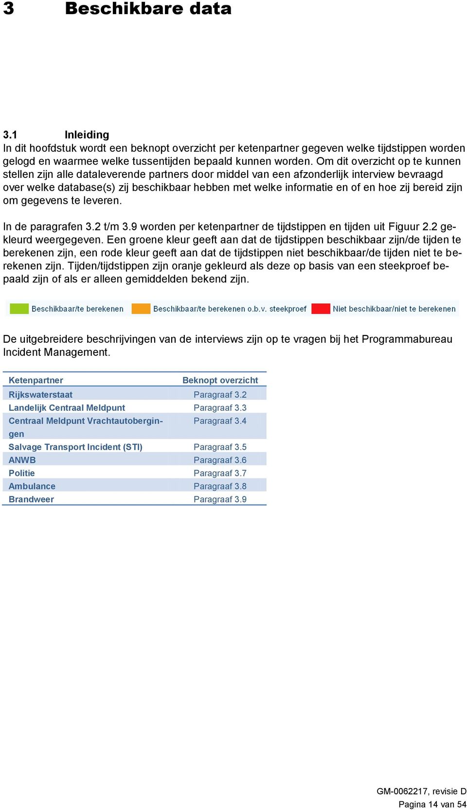 hoe zij bereid zijn om gegevens te leveren. In de paragrafen 3.2 t/m 3.9 worden per ketenpartner de tijdstippen en tijden uit Figuur 2.2 gekleurd weergegeven.