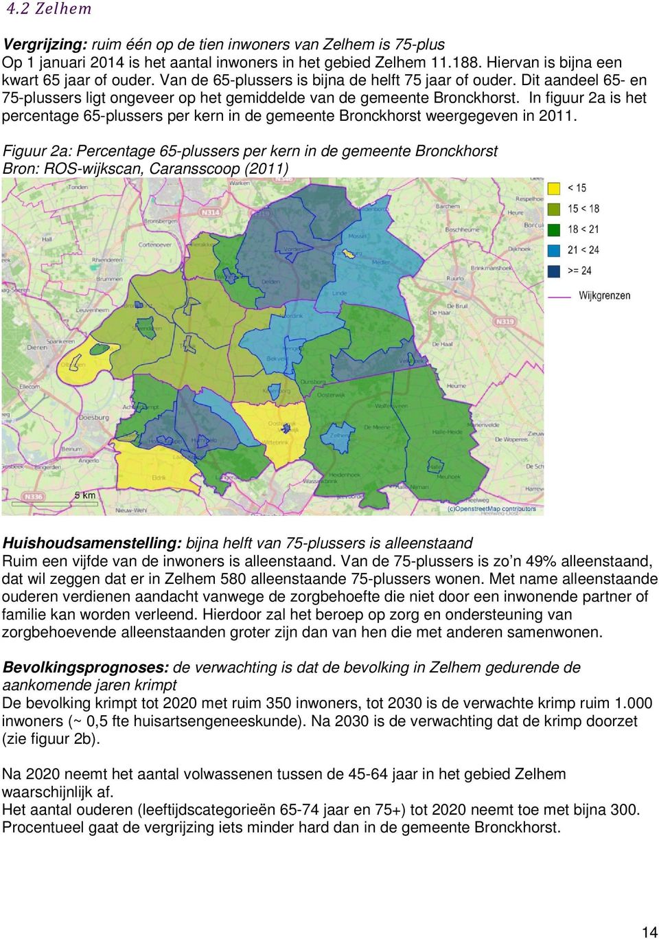 In figuur 2a is het percentage 65-plussers per kern in de gemeente Bronckhorst weergegeven in 2011.