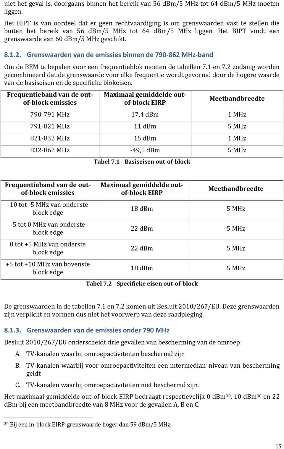 Het BIPT vindt een grenswaarde van 60 dbm/5 MHz geschikt. 8.1.2. Grenswaarden van de emissies binnen de 790-862 MHz-band Om de BEM te bepalen voor een frequentieblok moeten de tabellen 7.1 en 7.