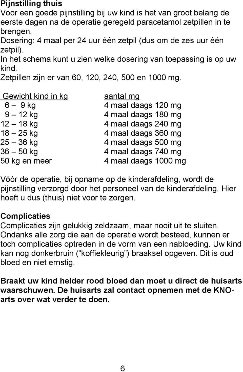 Gewicht kind in kg aantal mg 6 9 kg 4 maal daags 120 mg 9 12 kg 4 maal daags 180 mg 12 18 kg 4 maal daags 240 mg 18 25 kg 4 maal daags 360 mg 25 36 kg 4 maal daags 500 mg 36 50 kg 4 maal daags 740 mg