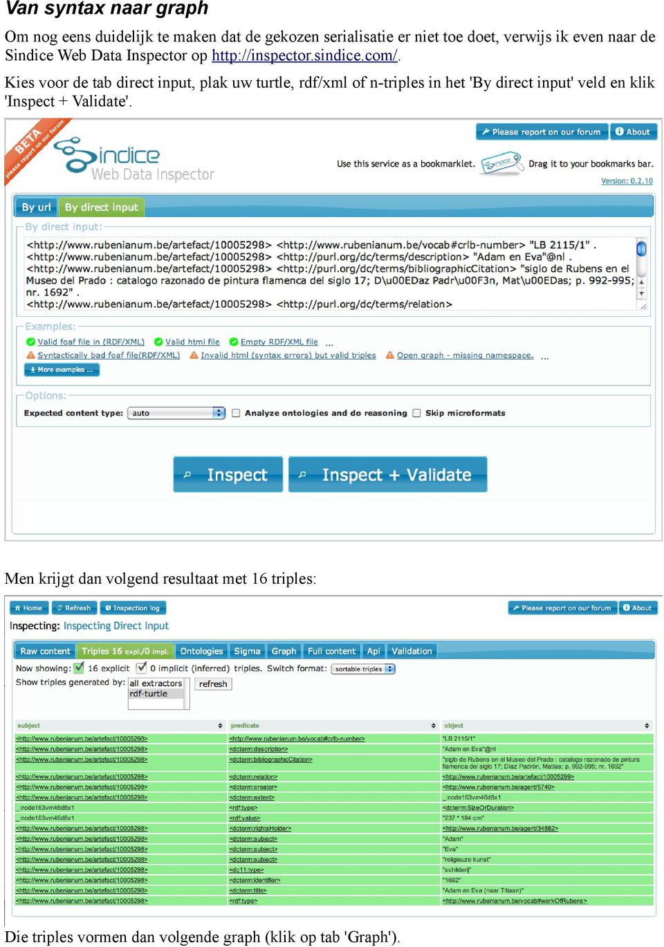 Kies voor de tab direct input, plak uw turtle, rdf/xml of n-triples in het 'By direct input' veld en klik