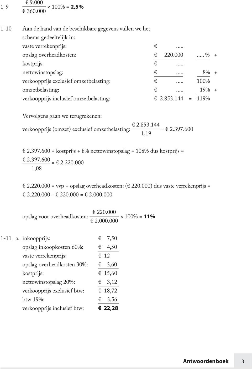 144 = 119% Vervolgens gaan we terugrekenen: verkoopprijs (omzet) exclusief omzetbelasting: 2.853.144 = 2.397.600 1,19 2.397.600 = kostprijs + 8% nettowinstopslag = 108% dus kostprijs = 2.397.600 = 2.