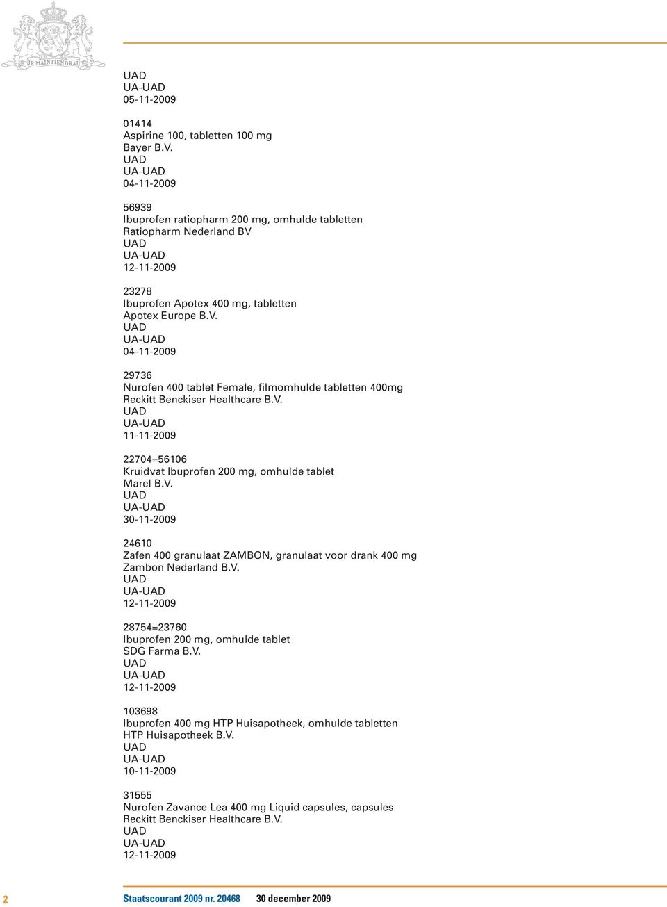 29736 Nurofen 400 tablet Female, filmomhulde tabletten 400mg 22704=56106 Kruidvat Ibuprofen 200 mg, omhulde tablet 30-11-2009 24610 Zafen 400 granulaat