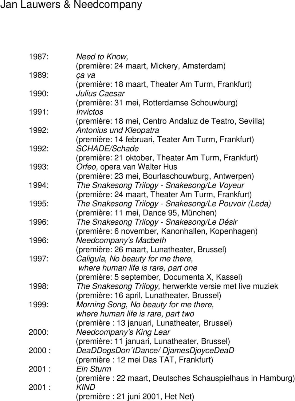 oktober, Theater Am Turm, Frankfurt) 1993: Orfeo, opera van Walter Hus (première: 23 mei, Bourlaschouwburg, Antwerpen) 1994: The Snakesong Trilogy - Snakesong/Le Voyeur (première: 24 maart, Theater