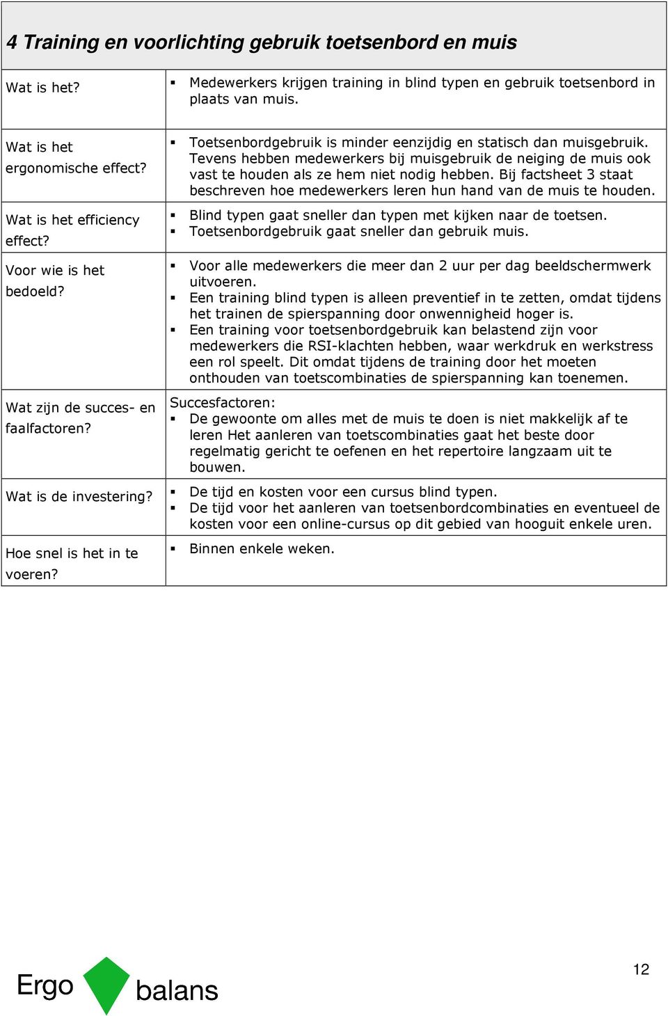 Tevens hebben medewerkers bij muisgebruik de neiging de muis ook vast te houden als ze hem niet nodig hebben. Bij factsheet 3 staat beschreven hoe medewerkers leren hun hand van de muis te houden.