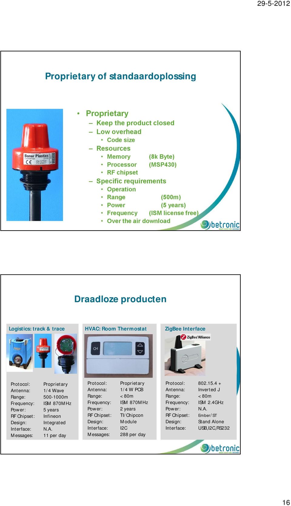 500-1000m Frequency: ISM 870MHz Power: 5 years RF Chipset: Infineon Design: Integrated Interface: N.A.