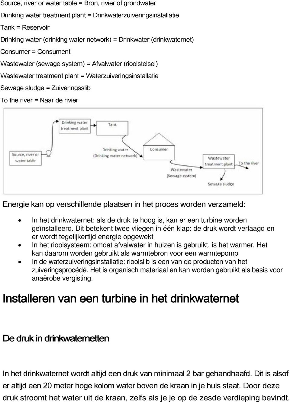 de rivier Energie kan op verschillende plaatsen in het proces worden verzameld: In het drinkwaternet: als de druk te hoog is, kan er een turbine worden geïnstalleerd.