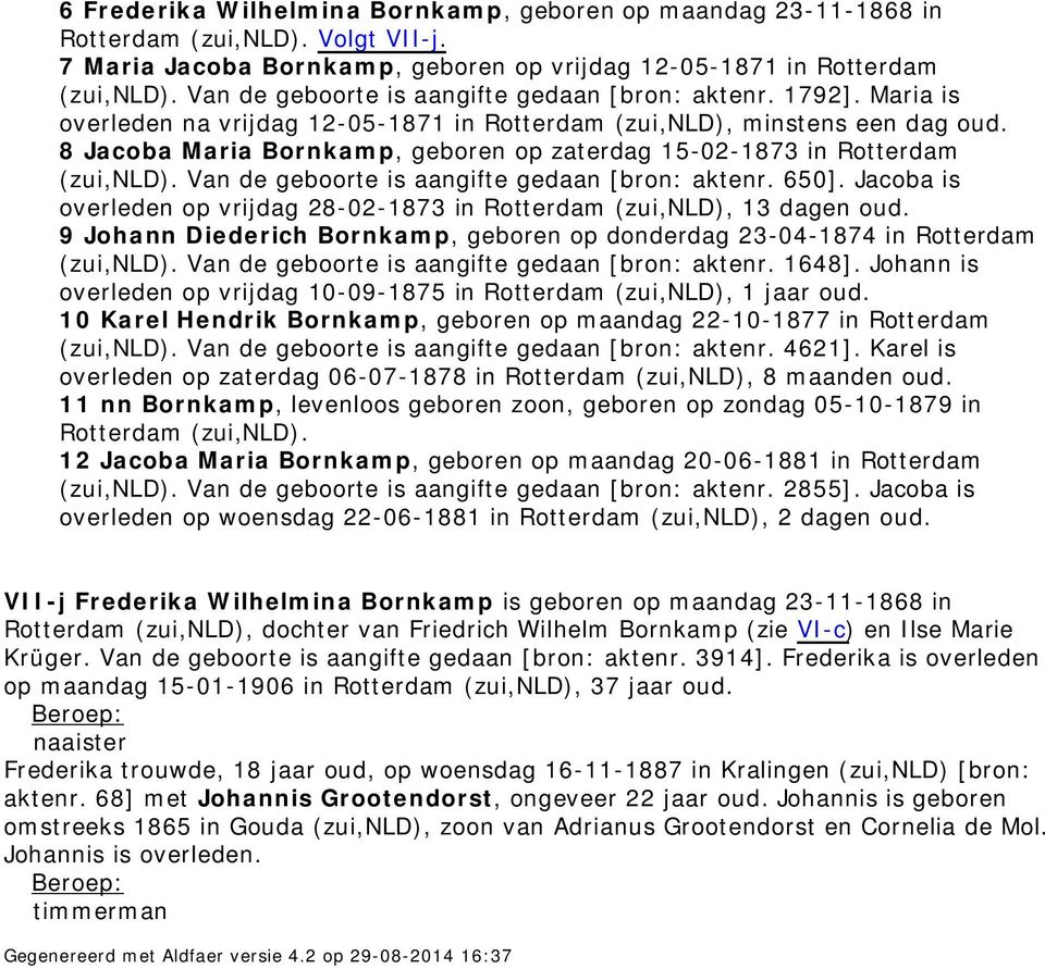 8 Jacoba Maria Bornkamp, geboren op zaterdag 15-02-1873 in Rotterdam (zui,nld). Van de geboorte is aangifte gedaan [bron: aktenr. 650].